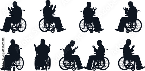Inclusive prayer silhouette, wheelchair worship illustration, Muslim devotion poses, spiritual accessibility vector, religious diversity artwork, cad drawing flat vector illustration