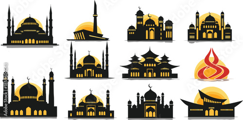 Islamic architecture silhouette, mosque illustration set, spiritual worship vector, cultural landmark artwork, glowing dome design, cad drawing flat vector illustration