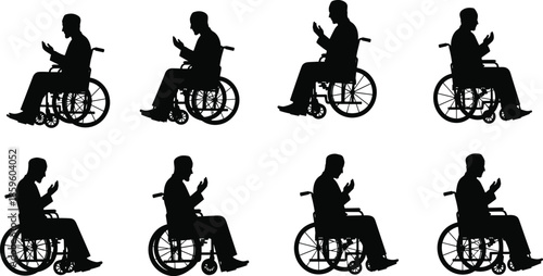 Inclusive prayer silhouette, wheelchair worship poses, Muslim devotion vector, spiritual accessibility artwork, religious diversity design, cad drawing flat vector illustration