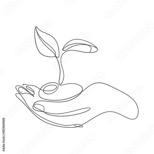 A delicate sprout held within a caring hand depicted in a single line drawing