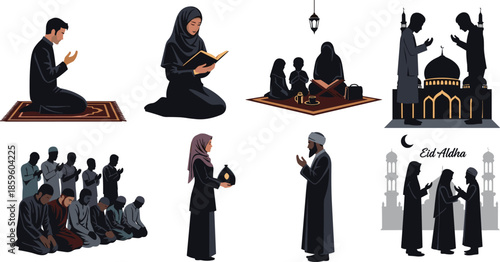 Islamic celebration scenes, Muslim prayer moments, Quran reading, Eid gathering, charity exchange, mosque worship, flat design, cad drawing flat vector illustration