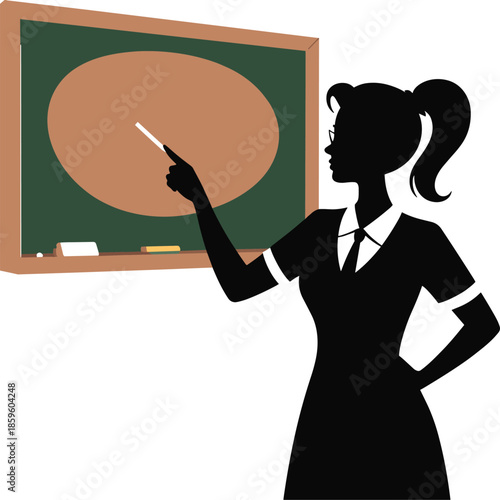 Silhouette of a teacher pointing at a blackboard with a chalk in a classroom setting