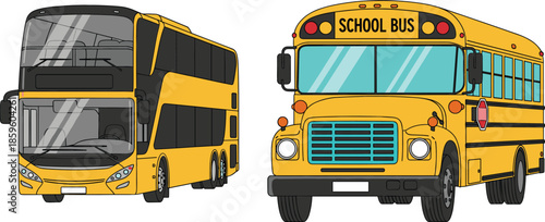 School bus and double decker bus illustrations for public transportation and education travel isolated on white background vector design