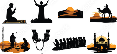 Islamic culture silhouette, desert prayer scenes, spiritual devotion vector, Kaaba and mosque, tasbih and worship, cad drawing flat vector illustration