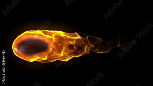 A fiery football speeds across black, flames curling around its stitched surface, burning bright now