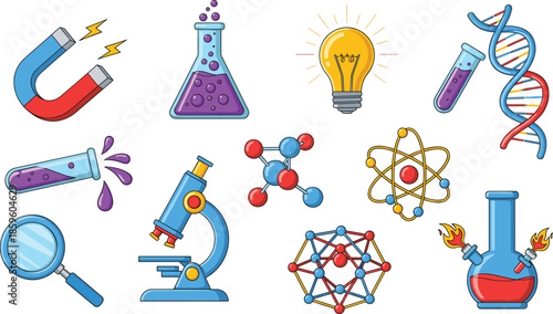 Science and laboratory icons collection with chemistry, biology, physics, and research equipment isolated on white background vector set