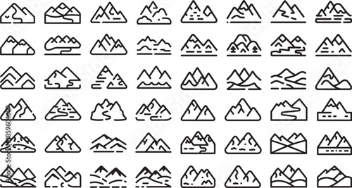 Collection of various mountain range icons in simple line art style on white background