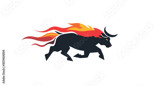 Flat Style Running Fire Bull Mascot Logo, Simple Red and Black Vector Icon Isolated on White