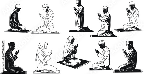 Islamic prayer poses, Muslim worship vector, seated supplication, traditional attire, prayer mat illustration, cultural devotion, cad drawing flat vector illustration