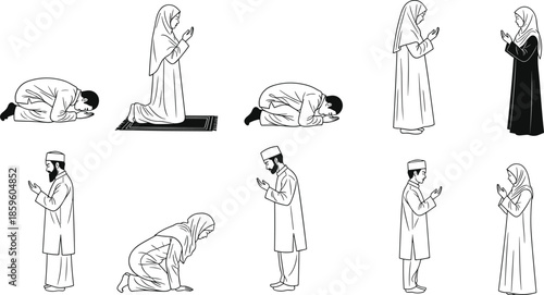 Islamic prayer position illustration set, Muslim worship posture vector, traditional attire figures, religious devotion design, cad drawing flat vector illustration