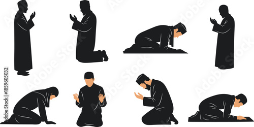 Islamic prayer positions, Muslim worship poses, Salah movement sequence, religious ritual illustration, spiritual practice vector, cad drawing flat vector illustration