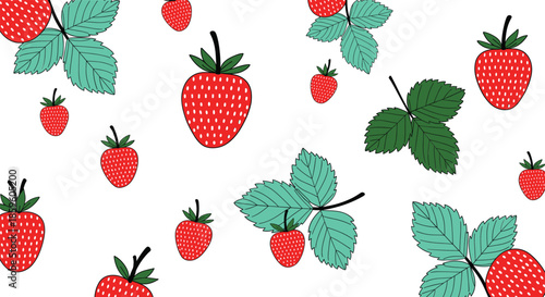 Strawberry seamless pattern with fresh red berries and green leaves scattered on white background for summer fruit designs vector illustration