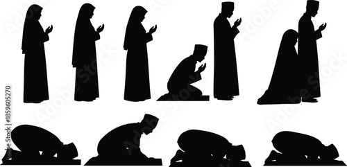 Islamic prayer postures, male and female silhouette, Salah sequence vector, traditional attire, worship poses, cad drawing flat vector illustration