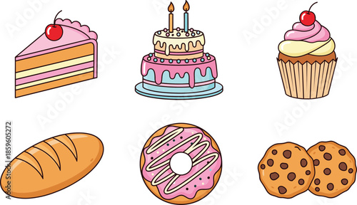 Sweet bakery desserts icons collection with cake, cupcake, donut, cookies, and bread isolated on white background cartoon vector set