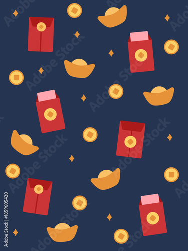 Seamless Lunar New Year pattern of red envelopes, gold ingots, and coins on a dark blue background. Perfect for festive wallpapers, packaging, and holiday-themed designs.