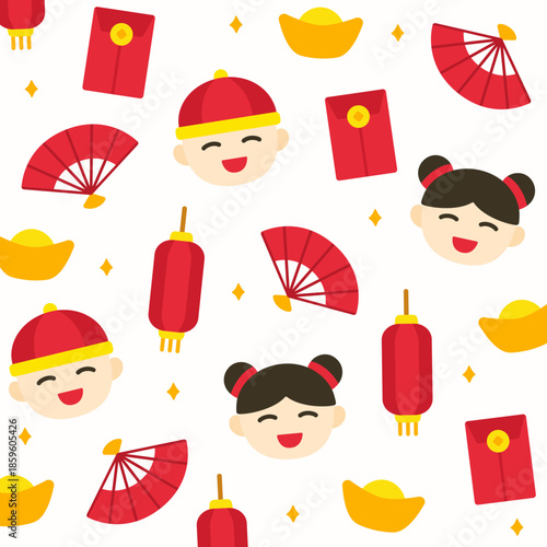 Festive seamless pattern of lanterns, fans, red envelopes, gold ingots, and cute Chinese boy and girl characters on light yellow. Great for joyful Lunar New Year stationery, packaging, and backgrounds