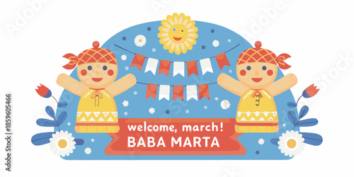Celebrating baba marta with colorful dolls and spring decorations