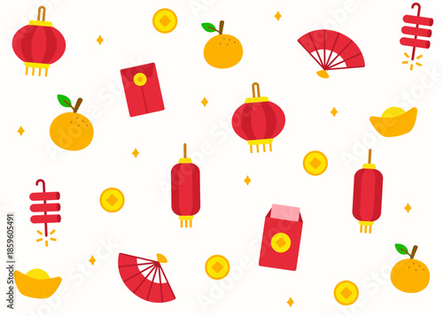 Seamless pattern of wooden fans, lanterns, red envelopes, gold ingots, and assorted Lunar New Year ornaments on light yellow. Perfect for cheerful seasonal prints and traditional holiday themes.