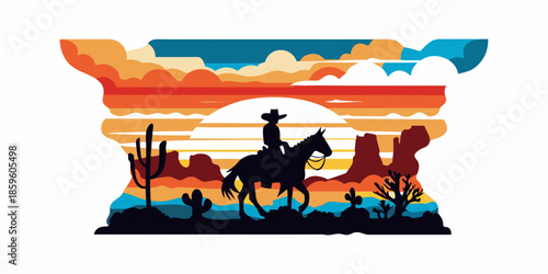 A silhouette of a cowboy riding a horse against a desert sunset
