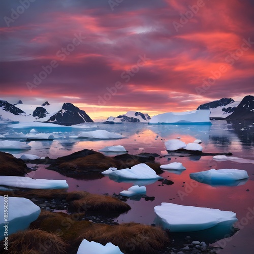 Antarctic Sunset's Fiery Hues Over Icy Waters