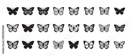 Set of black and white vector icons representing various butterfly shapes and designs for graphic use