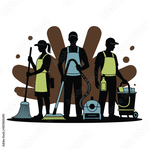 Professional Cleaning Service Team with Equipment Silhouettes Vector Illustration Group of Cleaners Vacuuming Dusting and Mopping 180 Chars