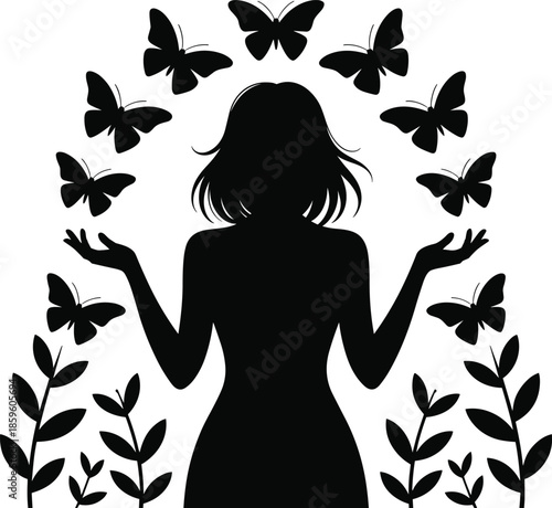 Silhouette of a woman surrounded by butterflies and foliage in a mystical artistic representation