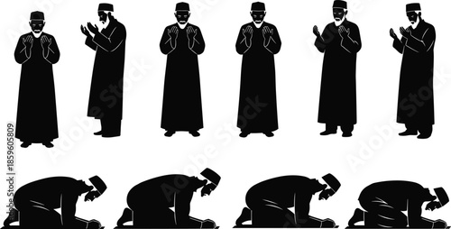 Islamic prayer postures, Salah movement silhouette, worship sequence vector, spiritual devotion artwork, religious practice poses, cad drawing flat vector illustration