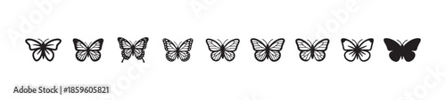 Collection of simple black and white butterfly icons in line art style for design use