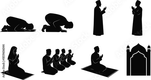   
Islamic prayer silhouette, Muslim worship poses, dua and sujood vector, mosque icon, religious illustration, spiritual devotion, cad drawing flat vector illustration