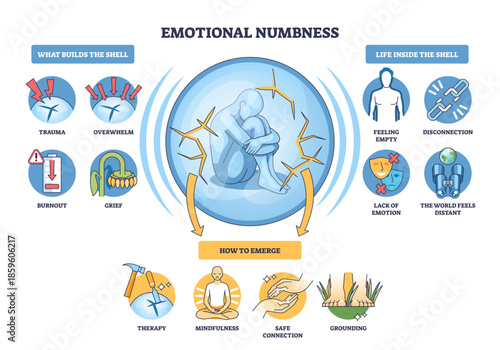 Emotional numbness brief outline shows a curled figure inside a cracked shell, with icons for causes and healing, expressing isolation and recovery steps, transparent background.