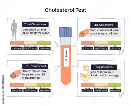 Cholesterol test diagram summarizing a lipid panel, a central test tube with LDL, HDL, and triglycerides range bars explains heart risk levels and targets, transparent background. Doodle style diagram