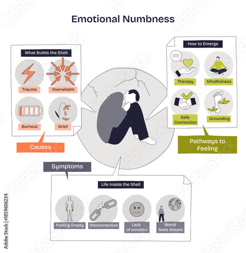 Emotional numbness diagram shows a person in a cracked shell, causes panel, and healing steps, linking symptoms to recovery, key objects, figure, cause boxes, therapy icons, transparent background.