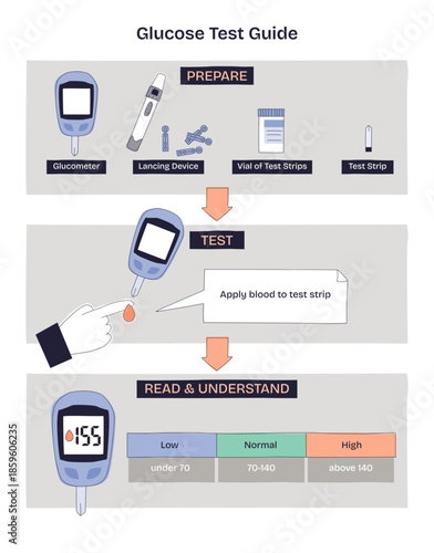 Glucose test guide diagram explains home blood sugar steps with glucometer, lancing device, and test strip, from prepare to read results for clear self-check, transparent background.