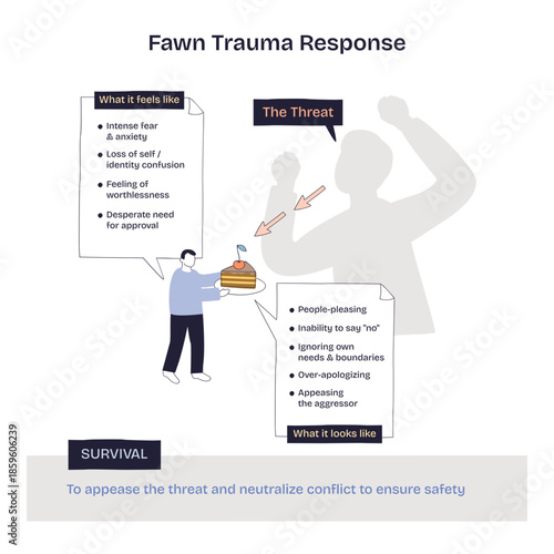 Fawn trauma response depicted as appeasement, a person offers cake to a looming threat, main objects are helper figure, aggressor silhouette, and caption boxes, transparent background.