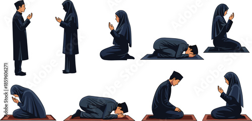 Islamic prayer steps, Muslim man and woman, Salah postures vector, traditional attire, worship sequence, cad drawing flat vector illustration