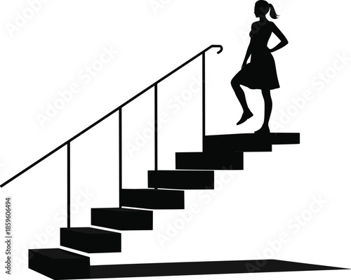 Silhouette of a young woman ascending a staircase with a confident pose