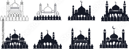 Mosque gathering silhouette, Islamic worship crowd, religious architecture vector, spiritual devotion artwork, cultural prayer scene, cad drawing flat vector illustration