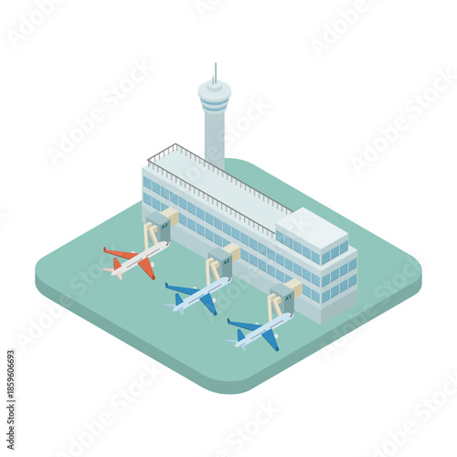 アイソメトリックイラスト：空港と飛行機