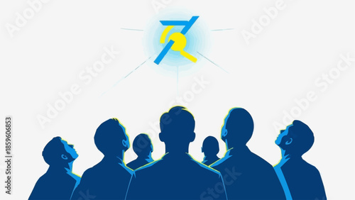 Group of people looking up at a bright light symbol.