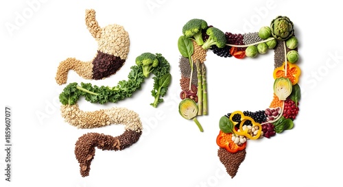 Medical Concept of Dietary Fiber for Digestive Health with Food Arranged in Shape of Intestines on White Background