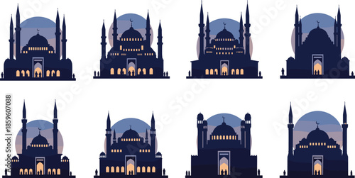 Mosque silhouette artwork, Islamic architecture set, spiritual worship vector, cultural landmark design, glowing dome illustration, cad drawing flat vector illustration
