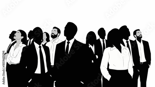 Diverse group of business professionals looking upwards with hope.