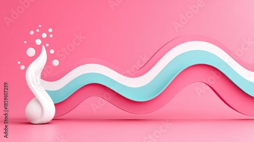 Colorful abstract design featuring wavy shapes in pink, blue, and white with bubbles
