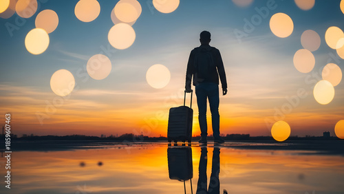 Solo Traveler Silhouette Sunset Bokeh Lights Reflection Journey