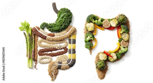 Medical Concept of Dietary Fiber for Digestive Health with Food Arranged in Shape of Intestines on White Background