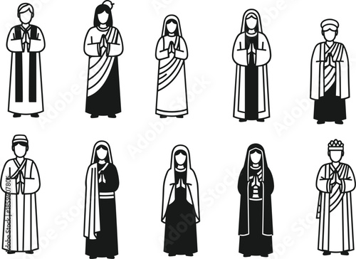 Religious figures silhouette, prayerful poses, diverse spiritual attire, cultural devotion vector, traditional garments, spiritual unity, cad drawing flat vector illustration