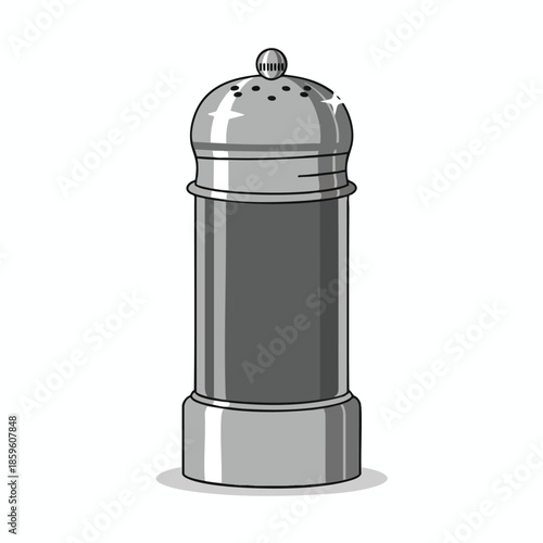 A tall, cylindrical salt shaker with a domed, perforated top and rounded base