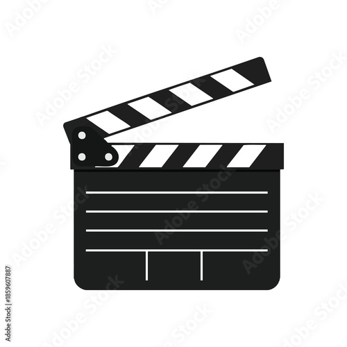 A black and white film clapperboard, its top section angled open