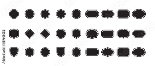 Group of various black empty frames crests shields and circular shapes for badges or labels design asset